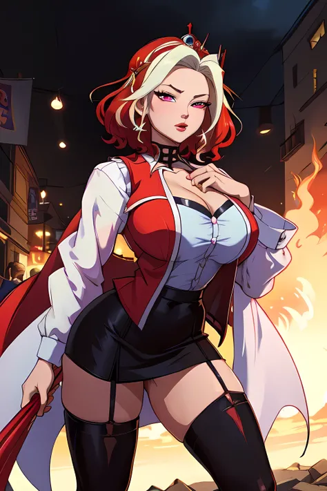 (Masterpiece, better quality, absurdres, 4k, aesthetic, detailed,  intricate,seductive look)Bold pose,A pretty perfect girl,nod,tiara,headband, Cosplay like Spider Lily - Manjusaka, multicolor red hair, white hair ,Intense red 4k eyes,sexy lips,short red h...