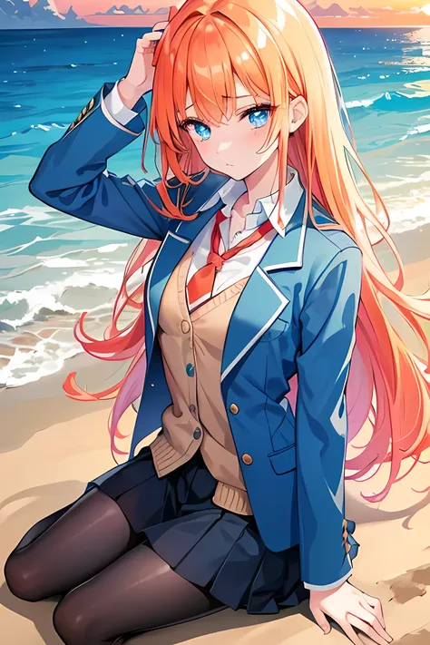 Young girl, orange long hair, blue eyes, wearing uniform light blue blazer , black skirt checkered pattern, cool girl, beach afternoon background, light blue blazer, oversize blazer, red tie, bad girl, big eyes, crying cute girl, very sad face with tears, ...