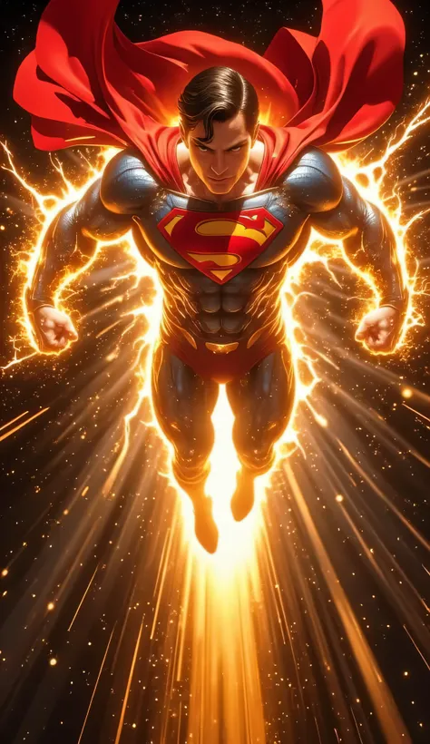 A hyper-realistic, ultra-detailed 8K cinematic scene. Full-body shot of Superman blasting forward through space at immense speed. His classic red-and-blue suit is slightly battle-worn, his red cape flowing dynamically behind him. His arms are extended in f...