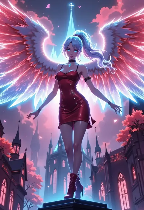 aasimar, female, angelic wings spread , flying over a fantasy goth church at night, colorful trees, at dawn, sunlight, wearing red leather dress, small cleavage, high heeled boots, shiny silver hair, long hair, blue eyes, black hair, long hair, ponytail, ...