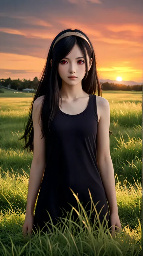 1girl, solo,hikari uchiha,black hair,long hair,outdoors,potrait,black tanktop,small breast,black eyes,bronze hairband,sunrise,red eyes,navel,(grass field background:1.5),front view