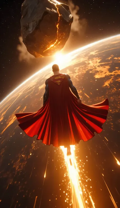 A hyper-realistic, ultra-detailed 8K cinematic scene. The camera is positioned behind Superman, capturing a full-body rear view as he propels forward through the vacuum of space at incredible speed.

Superman’s red cape streams backward with fierce motion,...
