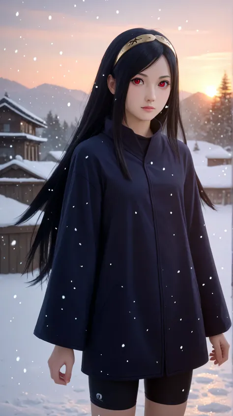 1girl, solo,hikari uchiha,black hair,long hair,outdoors,potrait,sleevelees robe,small breast,black eyes,snowfall,bronze hairband,sunrise,red eyes,bike shorts,winter background,