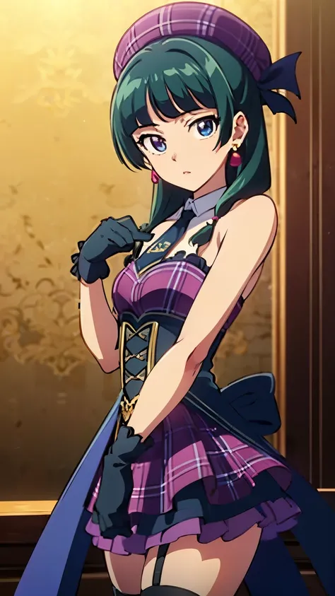Top quality (8k, high resolution, masterpiece: 1.2), super detailed, anime art style, dynamic angle, (green hair, blue eyes:1.3), (beret, purple headwear, plaid, black necktie, sleeveless dress, corset, arm strap, black gloves, black thighhighs, striped th...