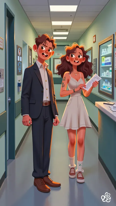 hospital hallway plot illustration:Male protagonist(short brown hair,White shirt,black suit)Seriously and busily spend time with the heroine(long brown hair,wearing a white dress,white socks and colored sneakers)Do a check,filling in the form at the regist...