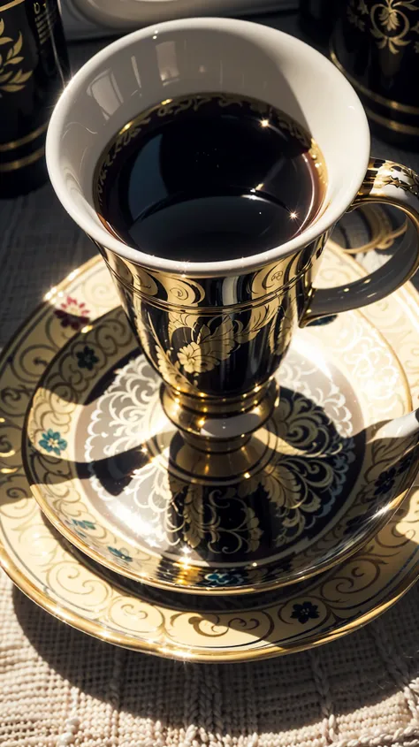 There is a cup and saucer with a gold finish, regency-era,   Cup of tea  , lindamente pintado,   impressive and rich in detail  , linda garota, finamente pintado, conjunto 1 8 6 0, Elliot Alderson, Detalhe requintado, in style of UEohan grenier, cranbow UE...