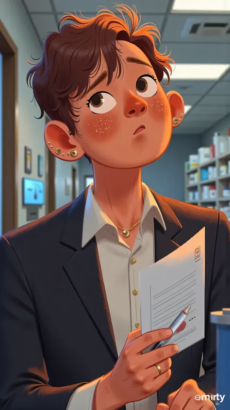 hospital hallway plot illustration:close-up,Male protagonist(short brown hair,White shirt,black suit)Serious and hectic,filling in the form at the registration desk,picking up medicine at the pharmacy window,expression focused and nervous;Soft ceiling lamp...