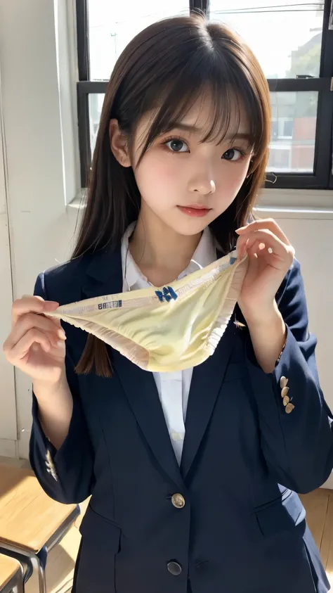 very detailed , 8K resolution RAW color photos ,( upper body, face:1.3)Beautiful Face, viewers, school uniform blazer , It's in the classroom at school, Panties Focus , shorts presentation,((Having panties)), Simple white panties, separating bangs from ...