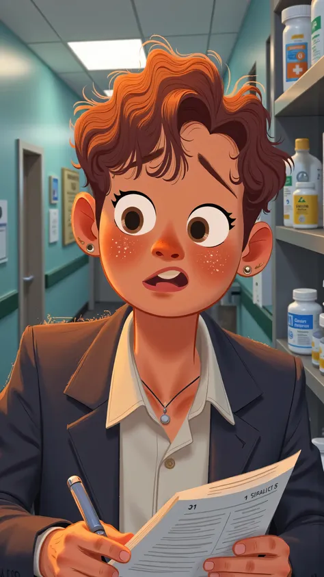 hospital hallway plot illustration:close-up,Male protagonist(short brown hair,White shirt,black suit)Serious and hectic,filling in the form at the registration desk,picking up medicine at the pharmacy window,expression focused and nervous;Soft ceiling lamp...