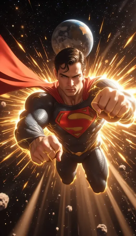 A hyper-realistic, ultra-detailed 8K cinematic scene. The camera captures Superman from the front, mid-flight in outer space. He is fully visible, centered in the frame, with his right fist pulled back, muscles tensed, ready to deliver a powerful punch. Hi...