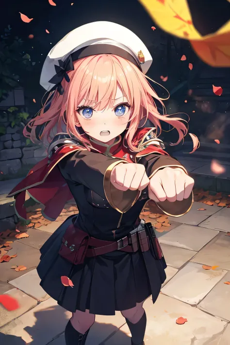 Serious girl, (showing teeth), standing, ready to fight, fondo RPG, fondo RPG(RPG), complete anatomy, Graphic Effects, height 159 cm ( 5 feet 3 inches ), hard fists , summoning circle background, white beret, Blue Fire Force +vapor, fire around, strong...