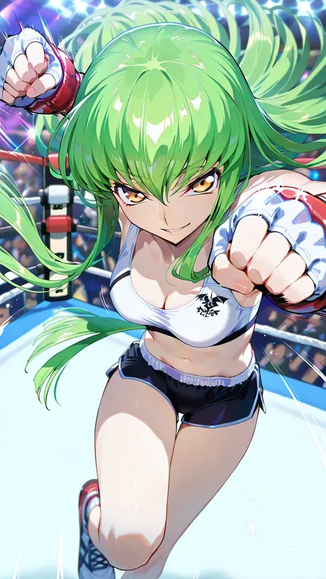 C.C., Code Geass, gold eyes,, solo, Detailed eyes, white sports bra, black boy leg spats, white fingerless gloves, thigh, cleavage, slim long legs, medium breast, smirk, looking at viewer, Detailed eyes, Detailed face, portrait, from above,
p4nch, punchin...