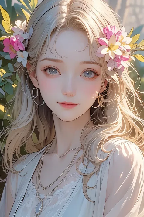 (Young and beautiful woman), (Calm and gentle girlish smile), (Almost straight medium blonde silver-gray hair), (Close-up), Striking portrait, Pursuit of beauty, (Simple colored shirt), Bright primary colors used partially as accents, (Slim figure), Small ...