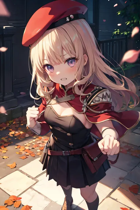 Serious girl, (showing teeth), standing, ready to fight, fondo RPG, fondo RPG(RPG), complete anatomy, Graphic Effects, height 159 cm ( 5 feet 3 inches ), hard fists , summoning circle background, red beret, strong breeze , sakura petals and leaves, first...