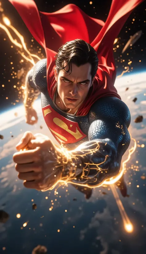 A hyper-realistic, ultra-detailed 8K cinematic close-up shot of Superman in outer space. The camera zooms in from a dynamic front angle, focusing on his upper body and face. Superman is floating in zero gravity, his body coiled with energy. His right arm i...