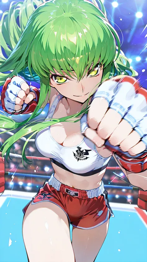 C.C., Code Geass, gold eyes,, solo, Detailed eyes, white sports bra, black boy leg spats, white fingerless gloves, thigh, cleavage, slim long legs, medium breast, smirk, looking at viewer, Detailed eyes, Detailed face, portrait, from side-above,
p4nch, pu...