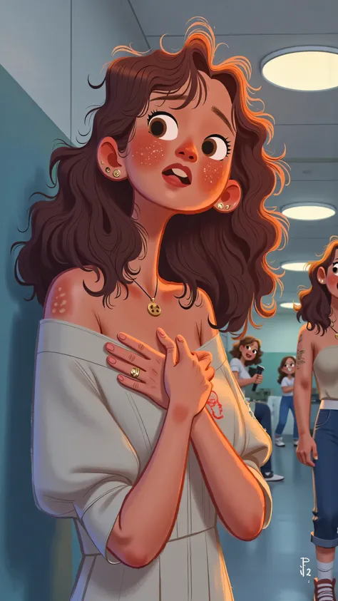 hospital hallway plot illustration:Female protagonist(long brown hair,wearing a white dress,white socks and colored sneakers)Lean against the wall coldly,Hold your chest with both arms,ostensibly estranged yet softly,Showing a slight tenderness。Soft ceilin...