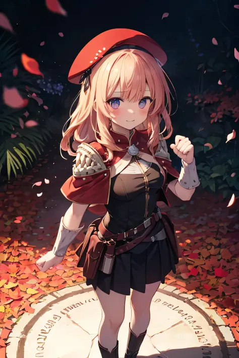Serious girl, (showing teeth), standing, ready to fight, fondo RPG, fondo RPG(RPG), complete anatomy, Graphic Effects, height 159 cm ( 5 feet 3 inches ), hard fists , summoning circle background, red beret, strong breeze , sakura petals and leaves, first...