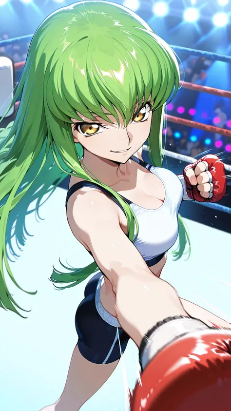 C.C., Code Geass, gold eyes,, solo, Detailed eyes, white sports bra, black boy leg spats, white fingerless gloves, thigh, cleavage, slim long legs, medium breast, smirk, looking at viewer, Detailed eyes, Detailed face, portrait, from side-above,
p4nch, pu...