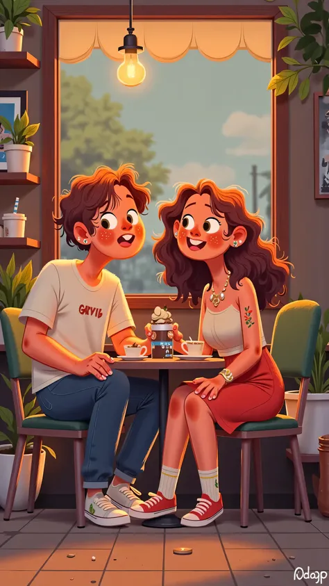Warm illustration of a coffee shop during the recovery period:Male protagonist(short brown hair,White T-shirt,black jeans)Occasionally visit,to bring the princess(long brown hair, wearing a red dress ,white socks and colorful sneakers)the little cake she l...