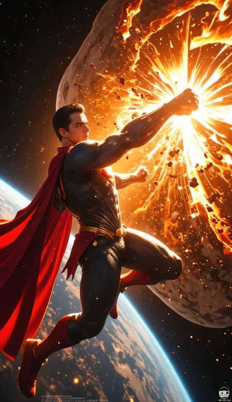 A hyper-realistic, ultra-detailed 8K cinematic space scene. Superman is shown in full-body view, mid-flight, delivering a powerful punch with his right fist into a colossal, flaming meteor. His body twists slightly from the torque of the strike — left arm ...