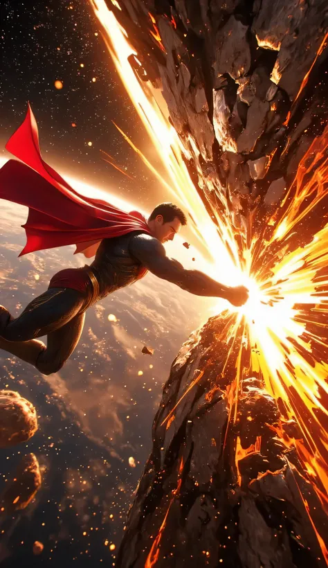 A hyper-realistic, ultra-detailed 8K cinematic space scene. Superman is shown in full-body view, mid-flight, delivering a powerful punch with his right fist into a colossal, flaming meteor. His body twists slightly from the torque of the strike — left arm ...