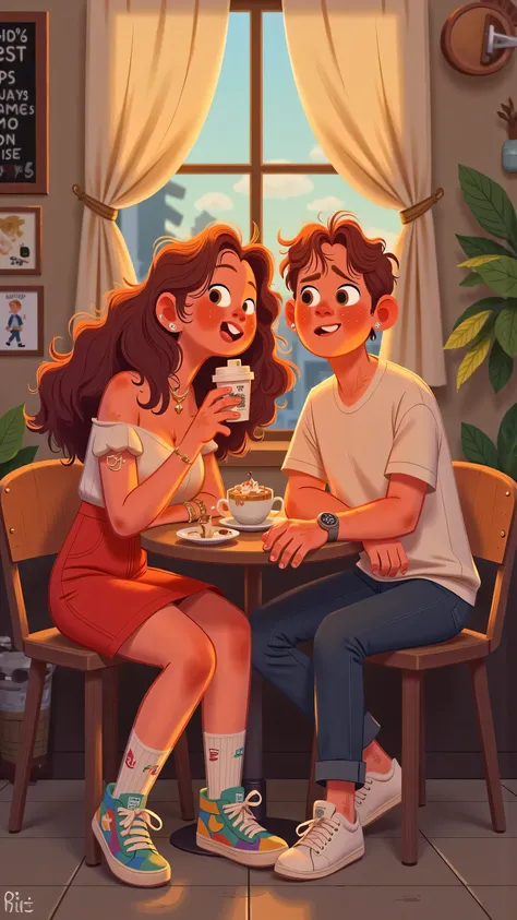 Warm illustration of a coffee shop during the recovery period:Male protagonist(short brown hair,White T-shirt,black jeans)Occasionally visit,to bring the princess(long brown hair, wearing a red dress ,white socks and colorful sneakers)the little cake she l...