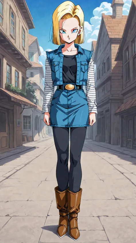 Restyle this character to match the retro anime style of classic Dragon Ball from the 1980s-1990s. Female android with shoulder-length straight blonde hair, icy blue eyes, and a stern expression. Outfit consists of a sleeveless cropped denim vest over a lo...