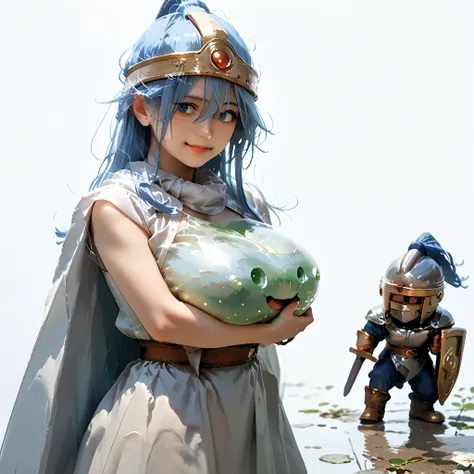 two person:1.2, sage(dq3) wearing white robe cleavage short sleeve:1.1, holding slime:1.5, slime smiling,  best quality, high detailed, masterpiece, BREAK, another second person knight:1.2, wearing armor, standing in the distance