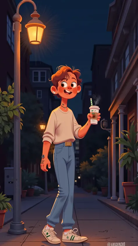 Romantic Night Street Illustration:Men(short brown hair,white shirt,blue jeans)Standing downstairs,Holding a hot drink,Silly waiting,under street lights。远景低角度拍摄Men全身,Empty sidewalk and soft lighting;Strong night atmosphere,Deep color,Fine lines and brush t...