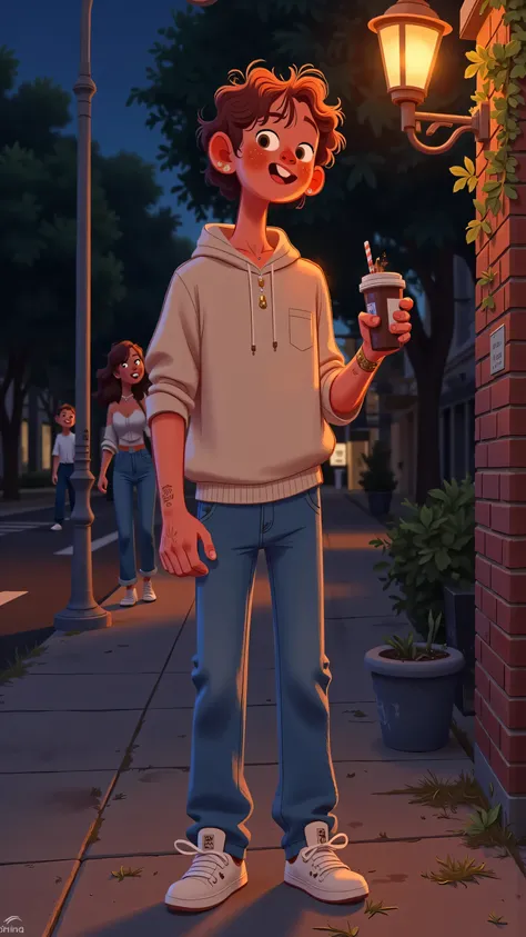 Romantic Night Street Illustration:Men(short brown hair,white shirt,blue jeans)Standing downstairs,Holding a hot drink,Silly waiting,under street lights。远景低角度拍摄Men全身,on an empty sidewalk with soft lighting;Strong night atmosphere,Deep color,Fine lines and ...