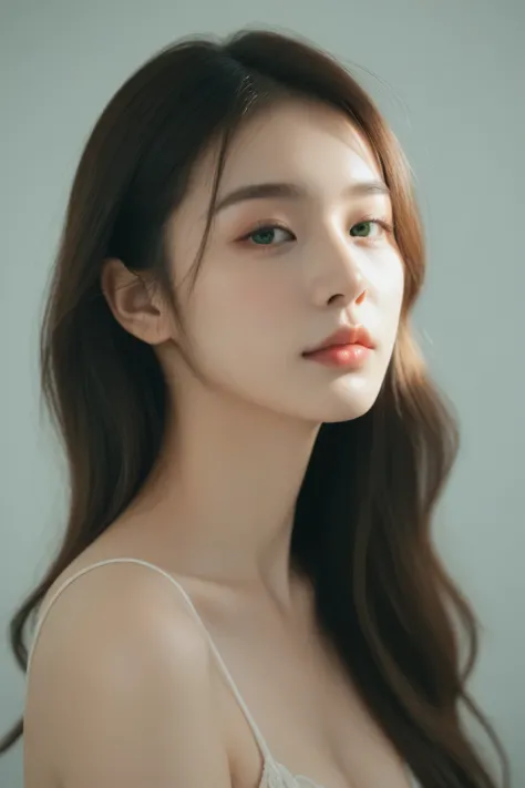 ultra realistic close-up portrait of a beautiful 30-year-old woman, soft green eyes, natural brown hair, smooth glowing skin, subtle makeup, gentle expression, cinematic soft lighting, shallow depth of field, sharp facial details, high resolution