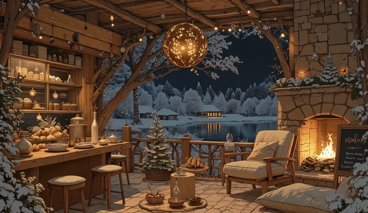 Cozy cabin with fireplace, không có cây Giáng sinhThe scene depicts a Cozy cabin with fireplace, without a rustic cafe Christmas tree, overlooking a beautiful Tranh sơn dầu và acrylic trên vải, một căn bếp của nhà bà ngoại vào ban đêm. Cảnh được dựng theo ...