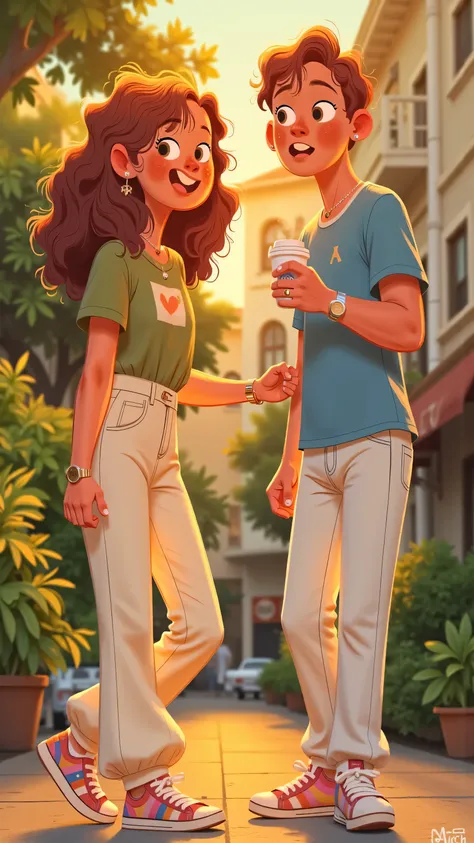 Sweet reunion illustration in the sun:Female protagonist(long brown hair,Wearing a green t-shirt and white flared trousers, colorful sneakers )Move towards the male protagonist(short brown hair, blue t-shirt,white jeans),Smiling and handing over a cup of c...