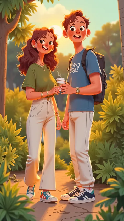 Sweet reunion illustration in the sun:Female protagonist(long brown hair,Wearing a green t-shirt and white flared trousers, colorful sneakers )Move towards the male protagonist(short brown hair, blue t-shirt,white jeans),Smiling and handing over a cup of c...