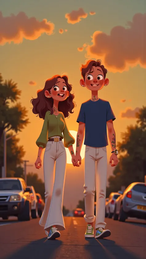 sunset silhouette ending stop illustration:Female protagonist(long brown hair,wearing a green T-shirt and white flared pants,Colorful sneakers)The male protagonist(short brown hair, blue t-shirt,white jeans)side by side on a quiet street,camera back camera...