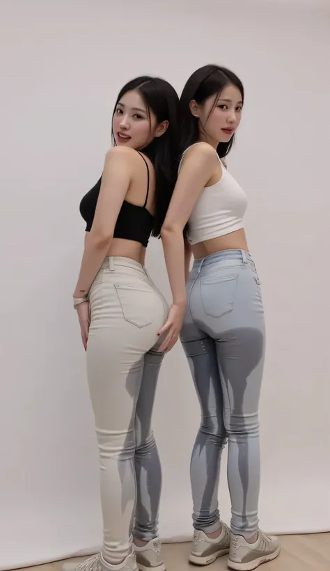 2 beautiful female k-pop singers posing in a studio and peeing their pants.  turning head back towards the camera. wearing a crop top and leggings and trainers. pee is flowing down their legs and staining their pants. blushing and laughing. 4k, professiona...