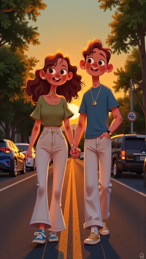 sunset silhouette ending stop illustration:Female protagonist(long brown hair,wearing a green T-shirt and white flared pants,Colorful sneakers)The male protagonist(short brown hair, blue t-shirt,white jeans)side by side on a quiet street,camera back camera...