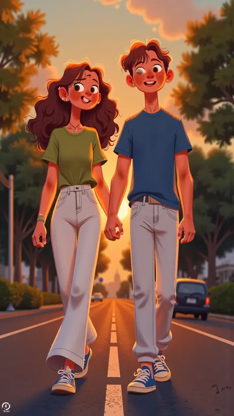 sunset silhouette ending stop illustration:Female protagonist(long brown hair,wearing a green T-shirt and white flared pants,Colorful sneakers)The male protagonist(short brown hair, blue t-shirt,white jeans)side by side on a quiet street,camera back camera...
