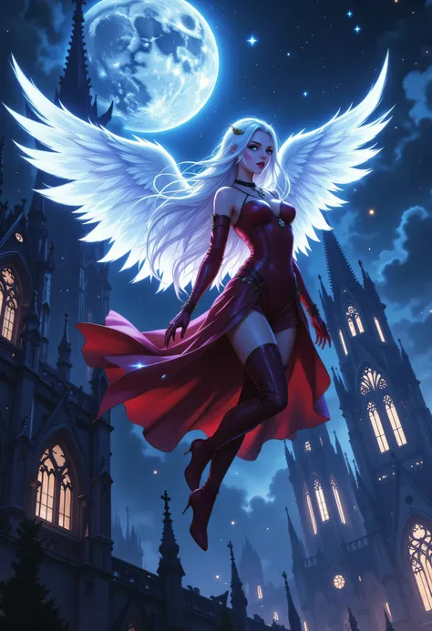 aasimar, female, white angelic wings spread , flying over a fantasy goth church at night, at night, full moon, some stars, wearing red leather dress, small cleavage, high heeled boots, shiny silver hair, long hair, blue eyes, black hair, long hair, ponyta...