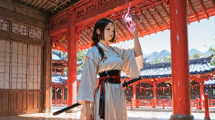 best quality,masterpiece,Ultra High Definition,(photorealistic:1.4),Xiuxian,weapons,detailed face,, 1 girl,solo,weapons,Chest,(Magic Rim:1.2),Xiuxian,upper body,beautiful girl,full body,east asian architecture,sheath,architecture,