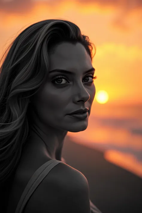 high quality, 8K Ultra HD, sunset coast should serve as the underlying backdrop, with its details incorporated into the goddess , crisp lines, looking at the camera. The background is monochrome, sharp focus,,awesome full color,