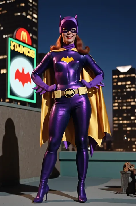 Masterpiece, Award Winning, High Quality, artgerm, solo, wearing retro Batgirl purple costume, big breast, retro long red hair, red lipstick, full body shot, makeup, yellow Batgirl cape, wearing sexy purple Batgirl cowl, wearing sexy purple Batgirl mask, 6...