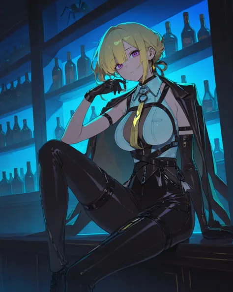 1girl, black jacket, jacket on shoulders, tight clothes, white collared shirt, sleeveless shirt, see-through cleavage, ring necklace, yellow necktie, chest harness, high-waist pants, black pants, harness, o-ring, tassel zipper, arm strap, thigh strap, sing...