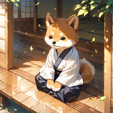 (masterpiece, best quality, ultra-detailed), a cute stylized anthropomorphic semi-human Shiba Inu with a rounded face, small black puppy-like eyes, short light brown fur with white markings, and symmetrical forward-facing ears, is sitting alone on the wood...