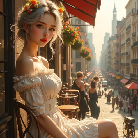 ((New York street corner、A woman sitting on a cafe terrace))、(masterpiece、Highest Quality、steampunk art、sunlight、(Overlooking the area)、Super Detail、The depth of the written boundary、Magic Rim、Gray Hair、The Real Queen、 red lips、Super Detail、very detailed、(...