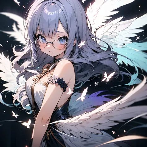 flügel girl inspired by Futaba Rio, long silver hair, angel wings, sharp intelligent eyes, sideboob exposure, magical elegant battle dress with side slit, glowing embroidery, magic scrolls floating around, fantasy researcher outfit, white and indigo color ...