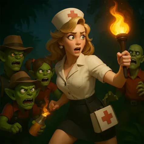 Midjourney Niji Stylized drawing: 1.5,Night: 1.3, a blonde nurse holding a torch: 1.4, with a surprised expression, surrounded by a group of green-skinned zombies,,Appropriately exaggerated body proportions, vivid expressions, three-dimensionality, expres...