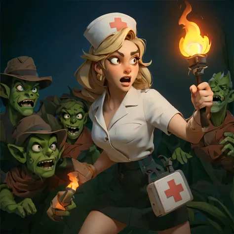Midjourney Niji Stylized drawing: 1.5,Night: 1.3, a blonde nurse holding a torch: 1.4, with a surprised expression, surrounded by a group of green-skinned zombies,,Appropriately exaggerated body proportions, vivid expressions, three-dimensionality, expres...