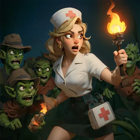 Midjourney Niji Stylized drawing: 1.5,Night: 1.3, a blonde nurse holding a torch: 1.4, with a surprised expression, surrounded by a group of green-skinned zombies,,Appropriately exaggerated body proportions, vivid expressions, three-dimensionality, expres...